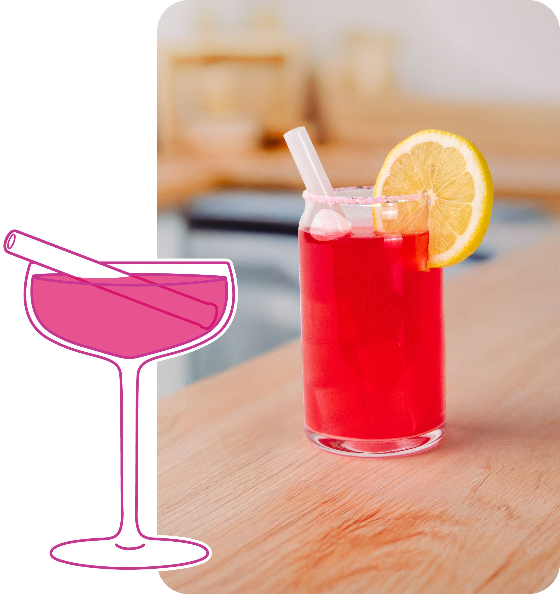 Red cocktail with a lemon wedge on a wooden surface, next to a pink martini glass outline.