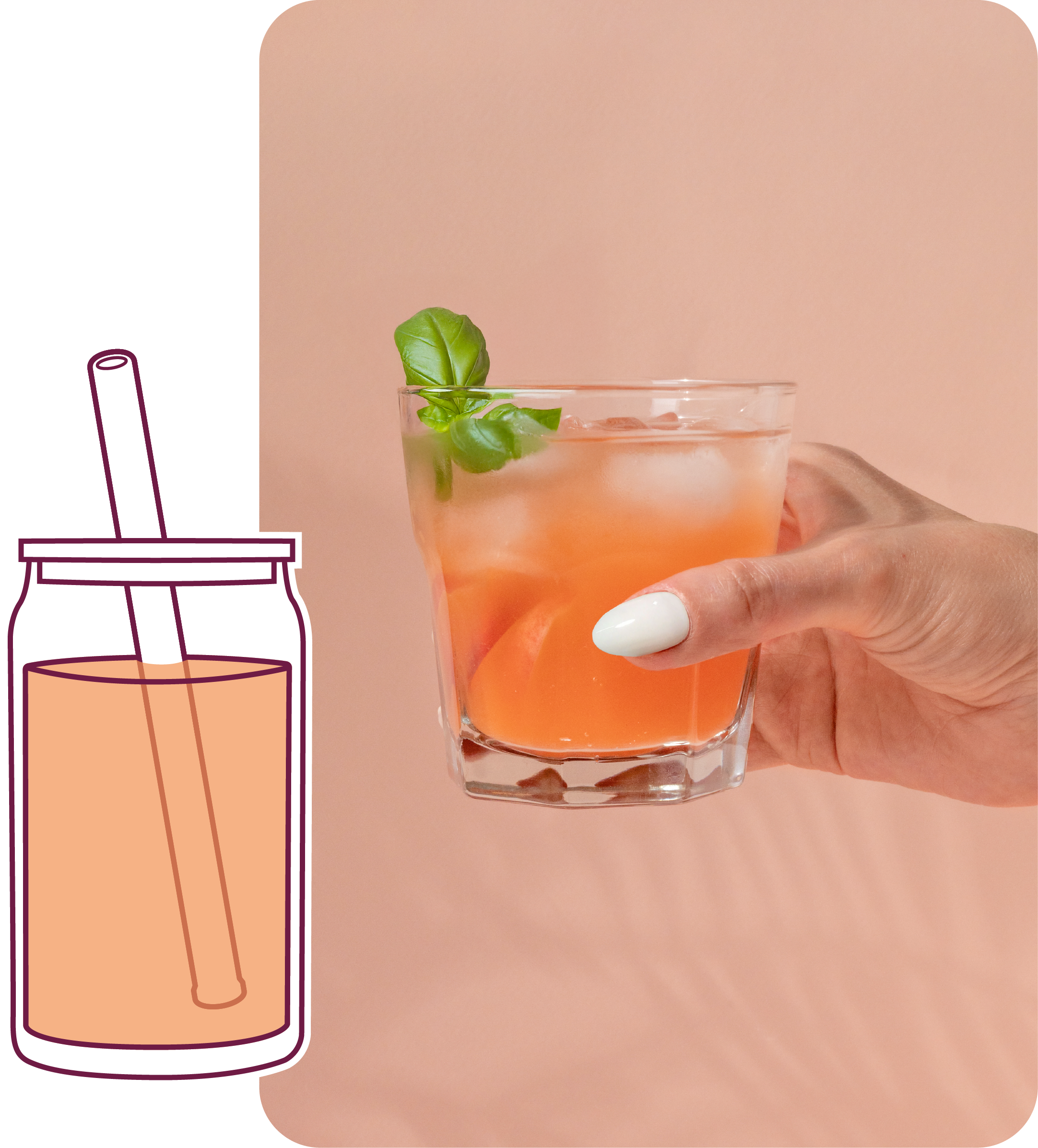 Hand holding a glass of orange drink with ice and a basil leaf, next to a jar with a straw on a peach background.
