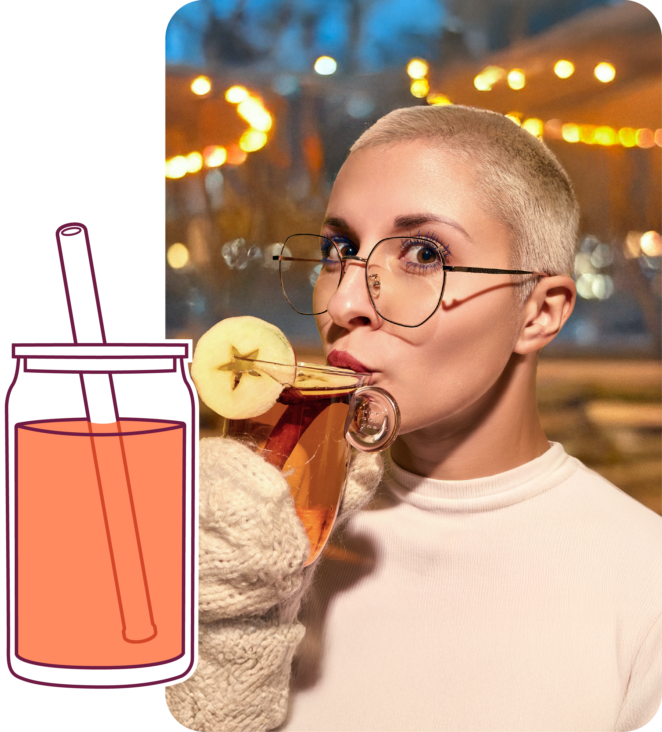 Woman drinking from a glass with a straw, surrounded by blurred lights and outdoor setting