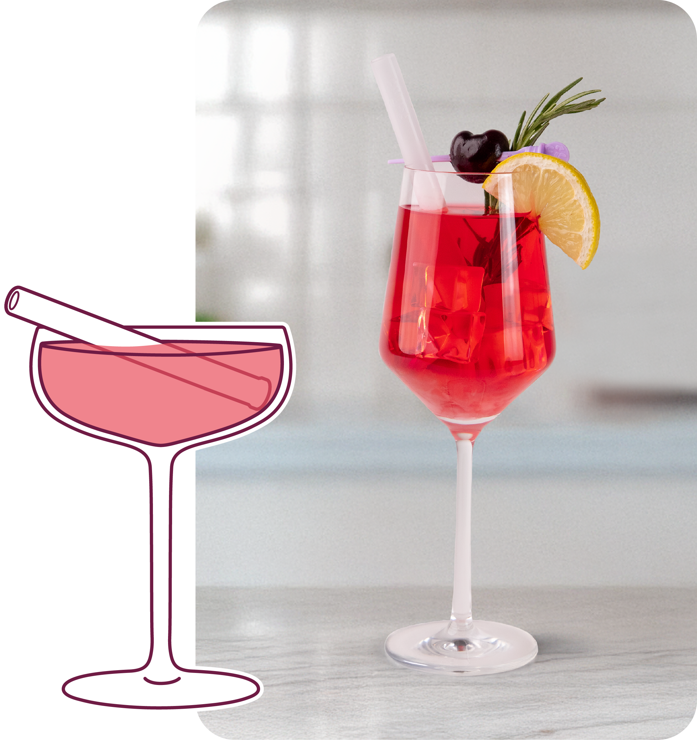 Red cocktail in a wine glass with a lemon wedge and rosemary garnish, next to a pink cocktail illustration on a light background.
