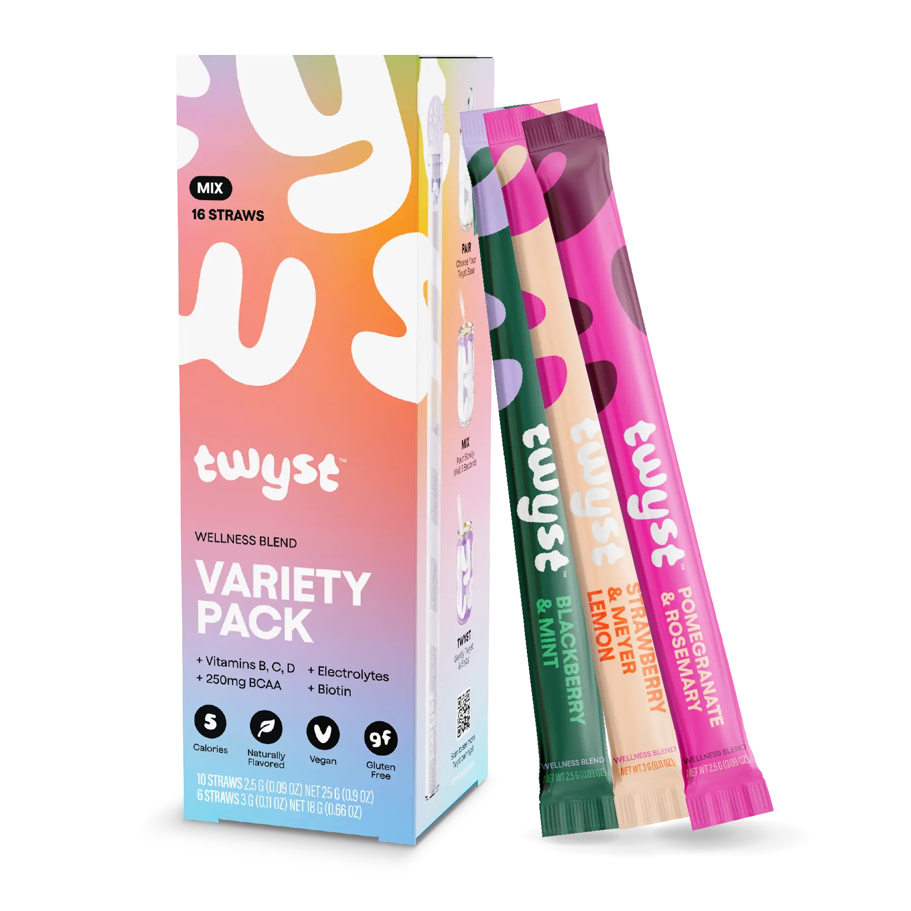 Twyst wellness blend variety pack with colorful packaging and straws on a transparent background